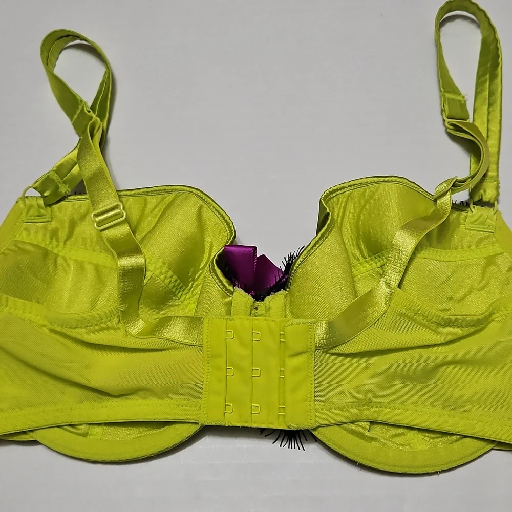 Cacique Green Bra with Black Lace and Purple Bow  Underwire Size 36DD